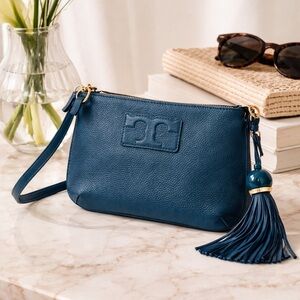 Tory Burch slim crossbody teal with tassel